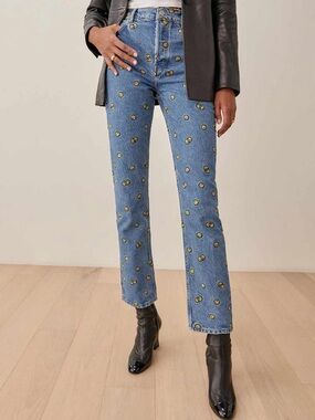 Reformation Smiley Face Embroidered Straight Leg Jeans High Rise Size 25